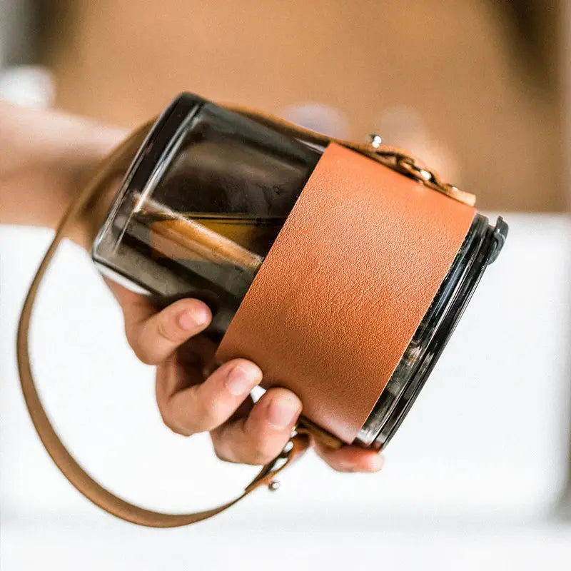 Brown leather glass coffee cup with gold straw kitchen tumbler