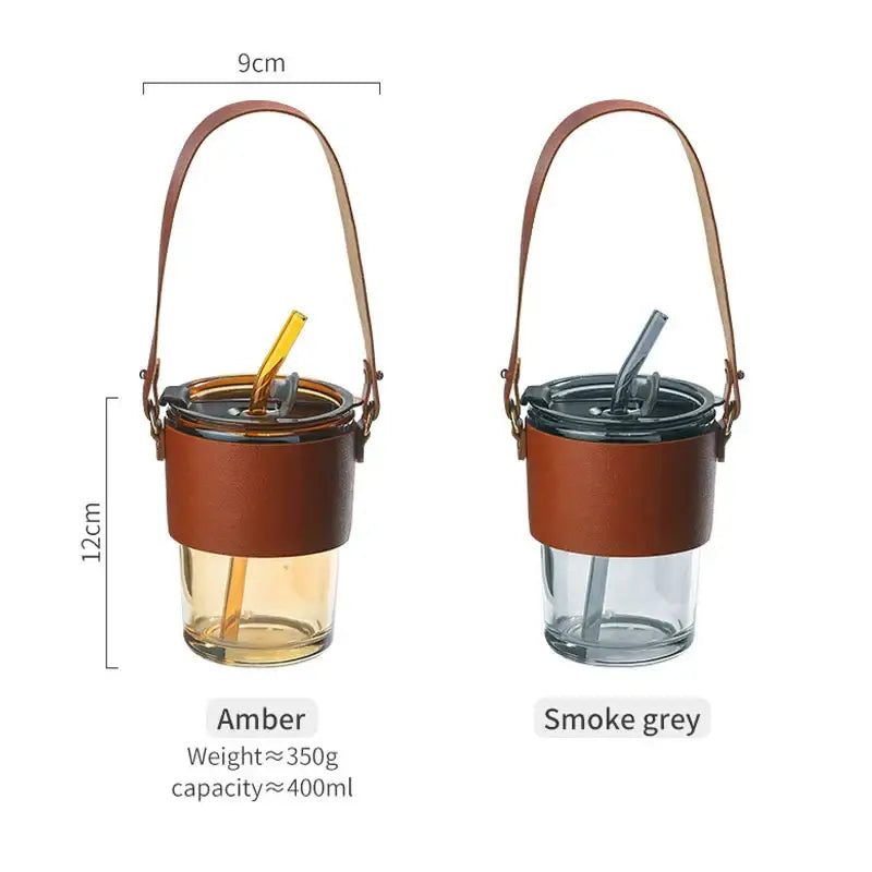 Brown leather glass coffee cup with gold straw kitchen tumbler