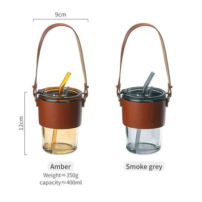 Brown leather glass coffee cup with gold straw kitchen tumbler