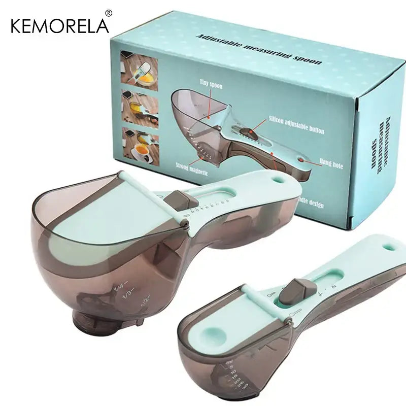 Brown & light blue adjustable measuring cups kitchen spoon set