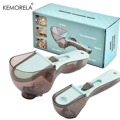 Brown & light blue adjustable measuring cups kitchen spoon set