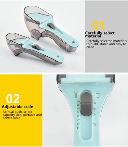 Brown & light blue adjustable measuring cups kitchen spoon set