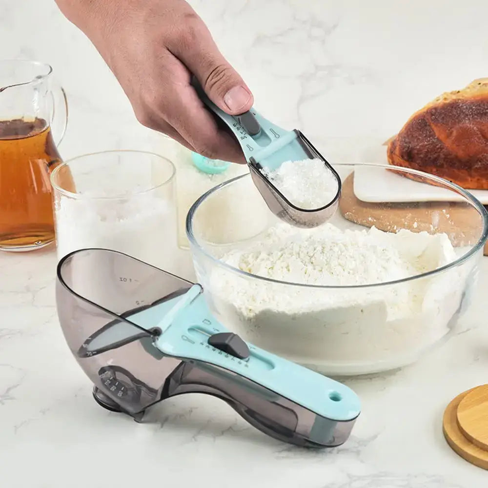 Brown & light blue adjustable measuring cups kitchen spoon set