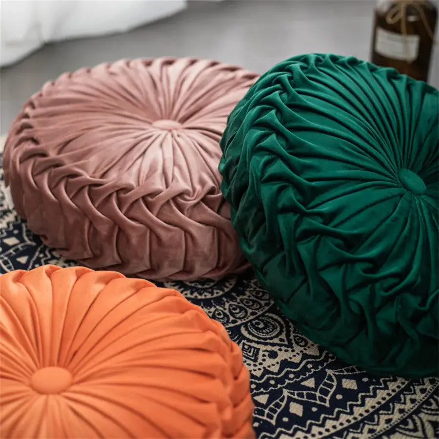 Brown pleated dutch velvet round seat cushion for living room