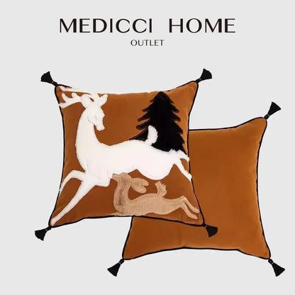 Brown velvet handmade reindeer applique cushion cover living room