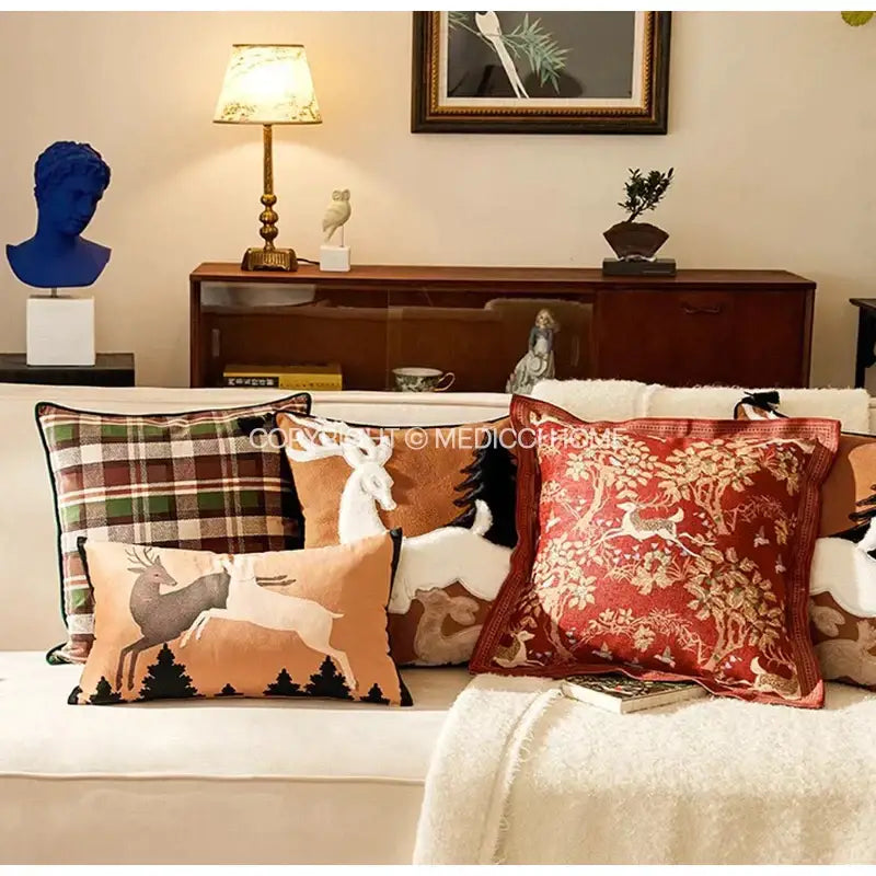 Brown velvet handmade reindeer applique cushion cover living room
