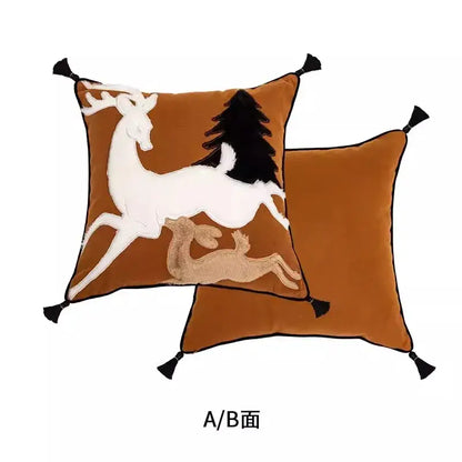 Brown velvet handmade reindeer applique cushion cover living room