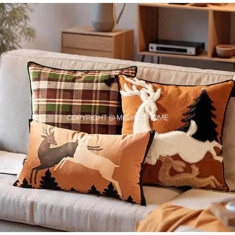 Brown velvet handmade reindeer applique cushion cover living room