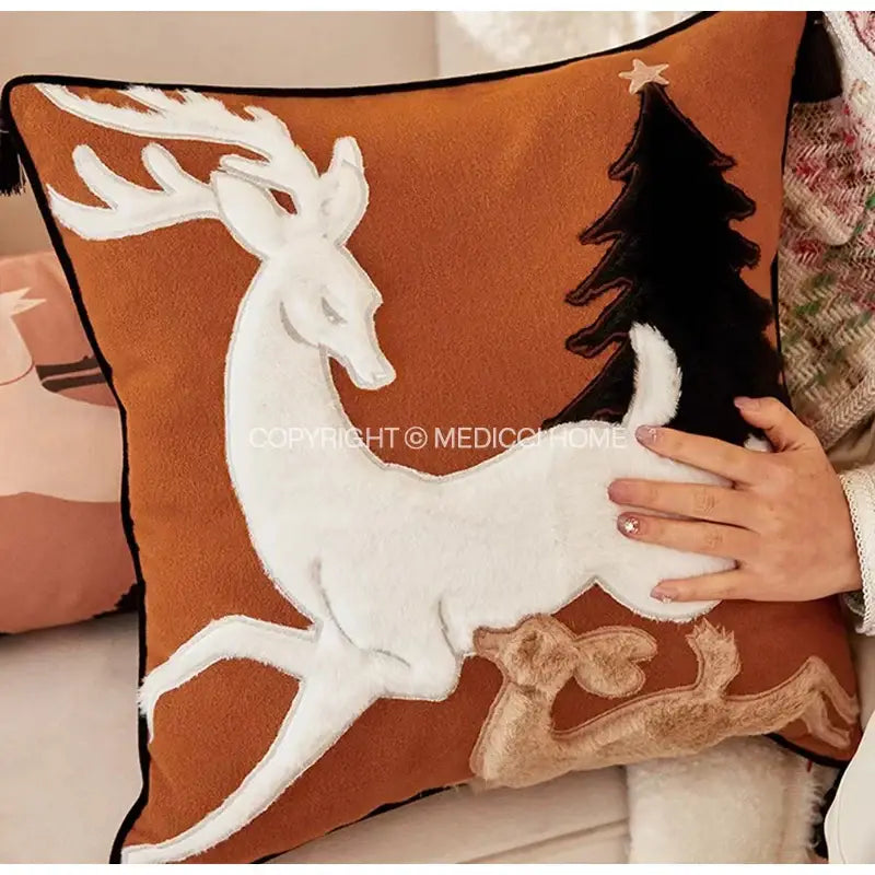 Brown velvet handmade reindeer applique cushion cover living room