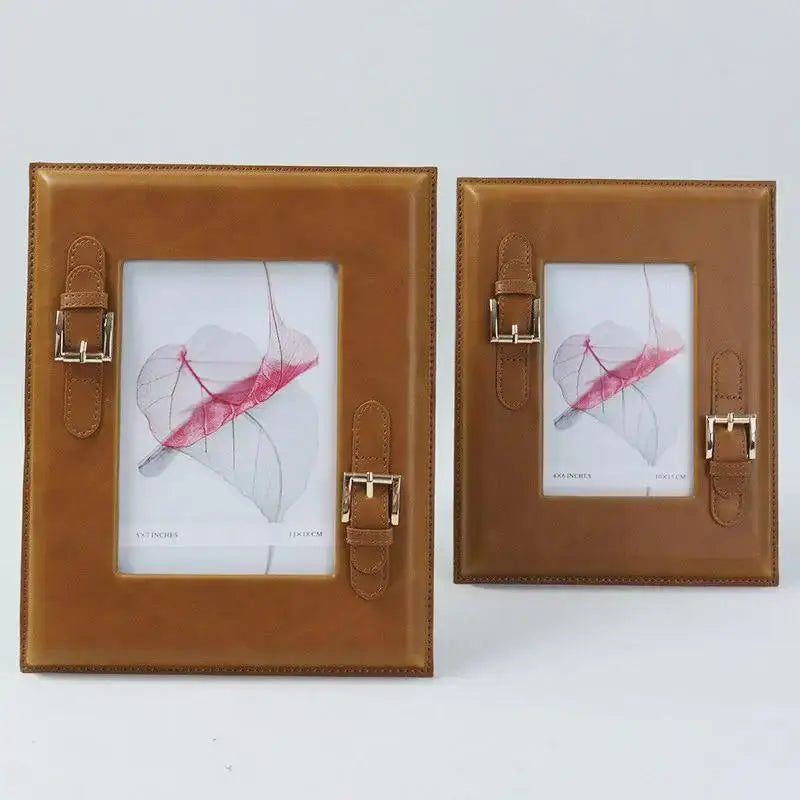 Brown weave leather photo frame with gold buckle bedroom decor