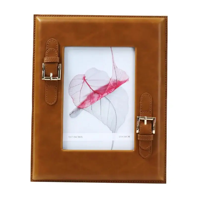 Brown weave leather photo frame with gold buckle bedroom decor