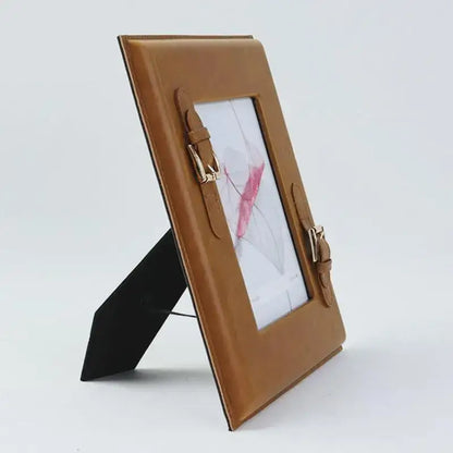 Brown weave leather photo frame with gold buckle bedroom decor