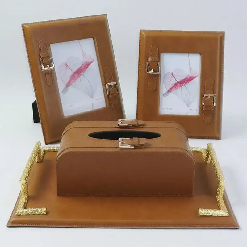Brown weave leather photo frame with gold buckle bedroom decor