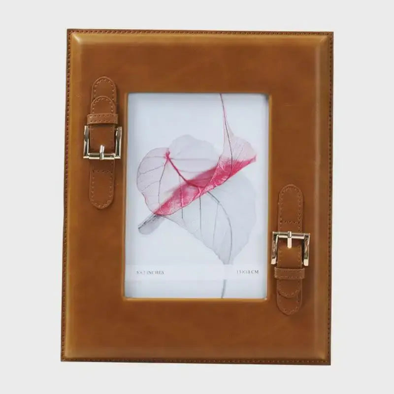 Brown weave leather photo frame with gold buckle bedroom decor
