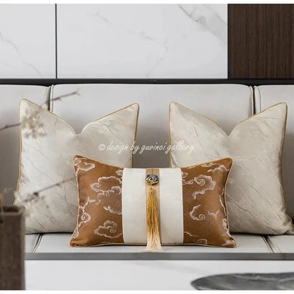 Brown & white auspicious clouds jacquard throw pillow cover living room