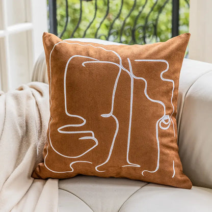 Brown & white geometric embroidery plush cushion cover living room