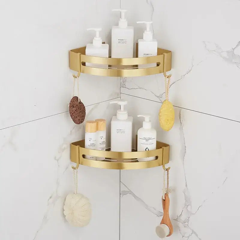 Brushed gold aluminum 2 tier corner shower shelf with hooks bathroom