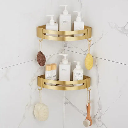 Brushed gold aluminum 2 tier corner shower shelf with hooks bathroom