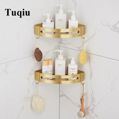 Brushed gold aluminum 2 tier corner shower shelf with hooks bathroom