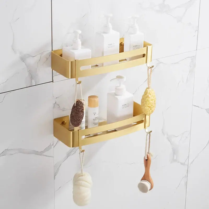 Brushed gold aluminum 2 tier corner shower shelf with hooks bathroom