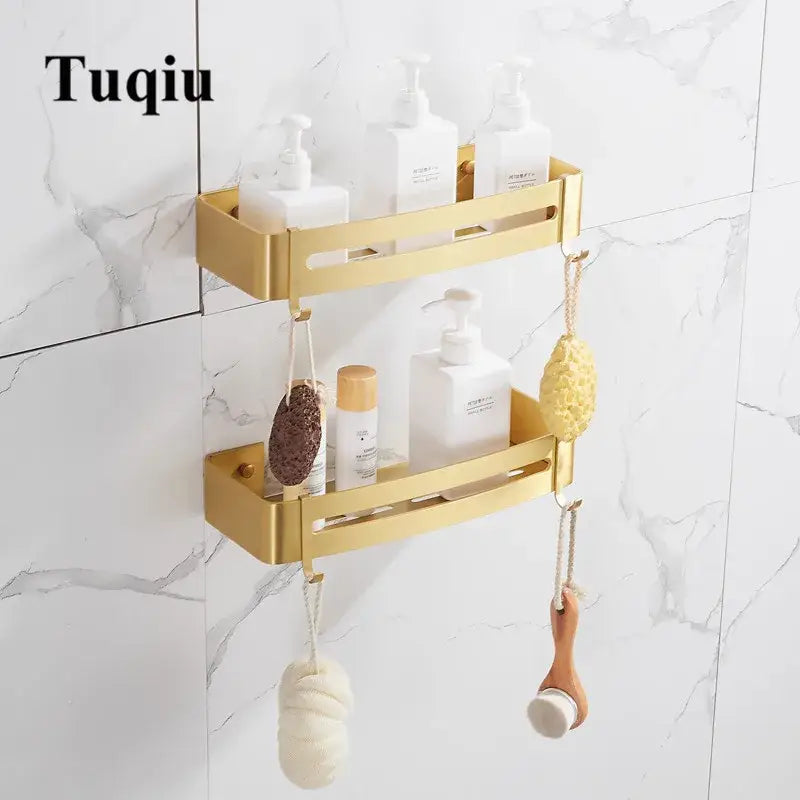 Brushed gold aluminum 2 tier corner shower shelf with hooks bathroom