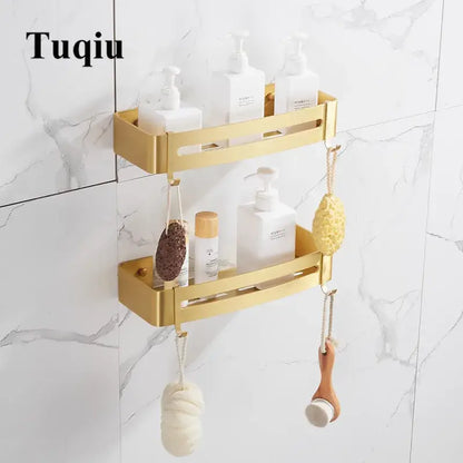 Brushed gold aluminum 2 tier corner shower shelf with hooks bathroom