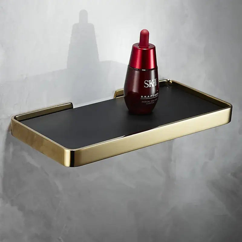 Brushed gold and black corner shelf bathroom storage organizer