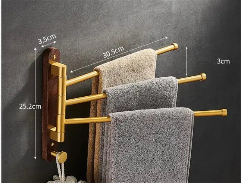Brushed gold and wood swivel towel hanger bathroom rack