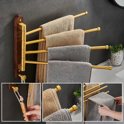 Brushed gold and wood swivel towel hanger bathroom rack