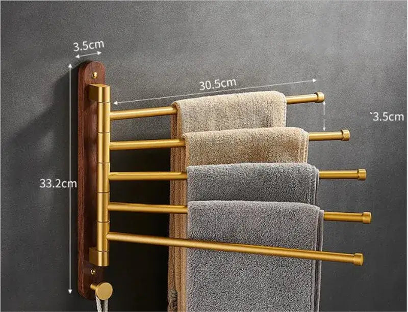 Brushed gold and wood swivel towel hanger bathroom rack