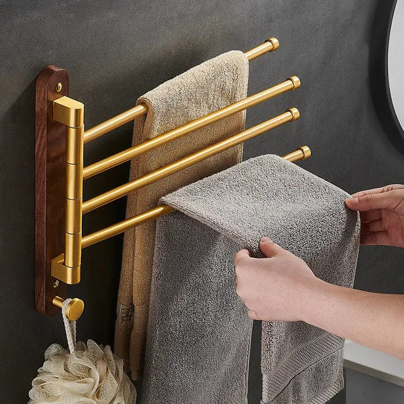 Brushed gold and wood swivel towel hanger bathroom rack
