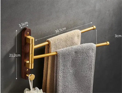 Brushed gold and wood swivel towel hanger bathroom rack