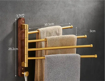 Brushed gold and wood swivel towel hanger bathroom rack