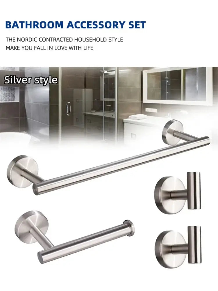 Brushed gold bathroom hardware set with towel bar and robe hooks