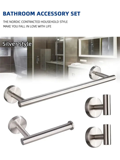 Brushed gold bathroom hardware set with towel bar and robe hooks