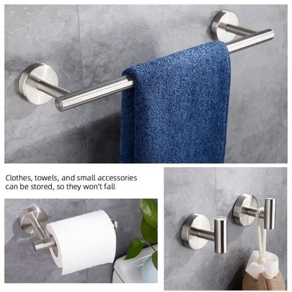 Brushed gold bathroom hardware set with towel bar and robe hooks