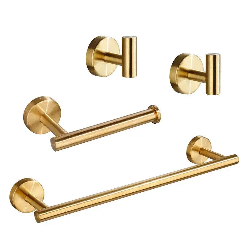Brushed gold bathroom hardware set with towel bar and robe hooks