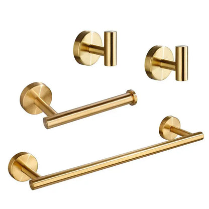 Brushed gold bathroom hardware set with towel bar and robe hooks