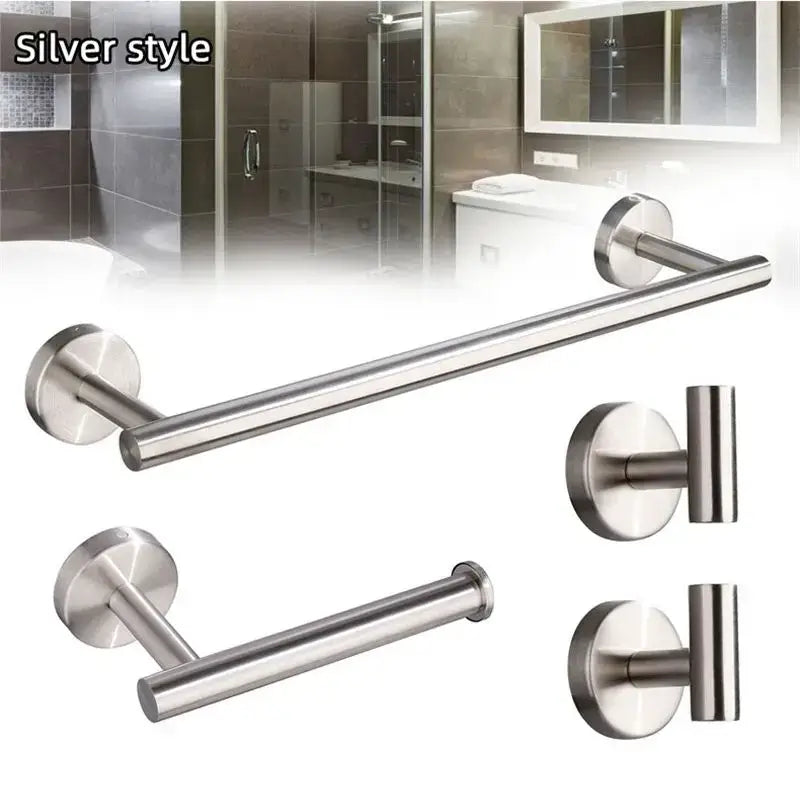 Brushed gold bathroom hardware set with towel bar and robe hooks