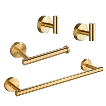 Brushed gold bathroom hardware set with towel bar and robe hooks