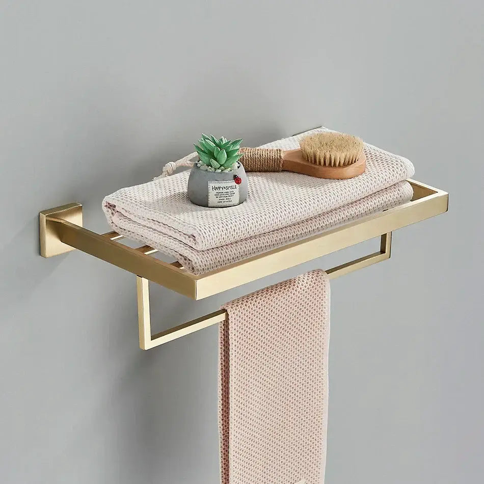 Brushed gold bathroom towel rack set with multi bar shelf and hooks
