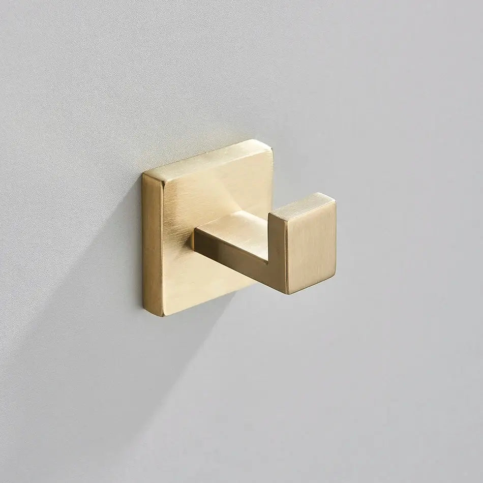 Brushed gold bathroom towel rack set with multi bar shelf and hooks