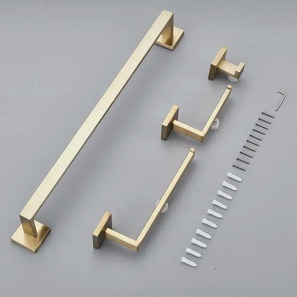 Brushed gold bathroom towel rack set with multi bar shelf and hooks