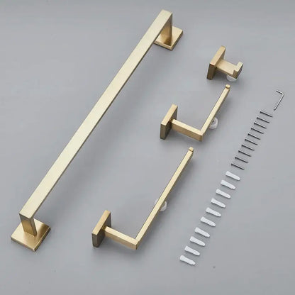 Brushed gold bathroom towel rack set with multi bar shelf and hooks