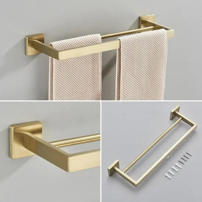 Brushed gold bathroom towel rack set with multi bar shelf and hooks