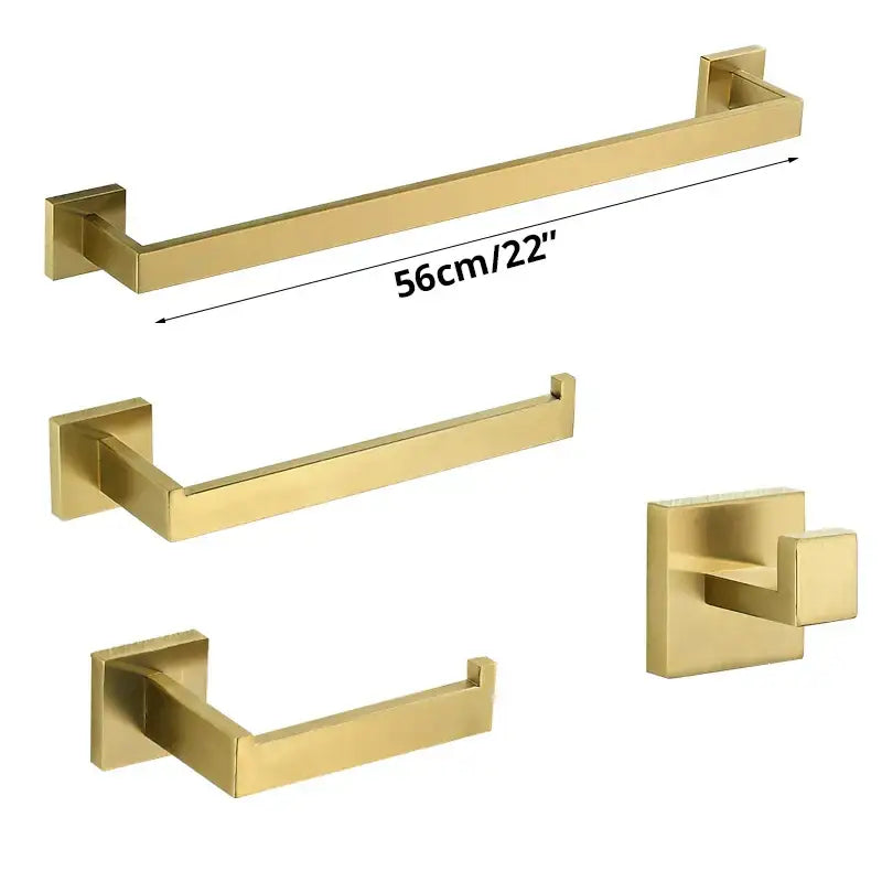 Brushed gold bathroom towel rack set with multi bar shelf and hooks