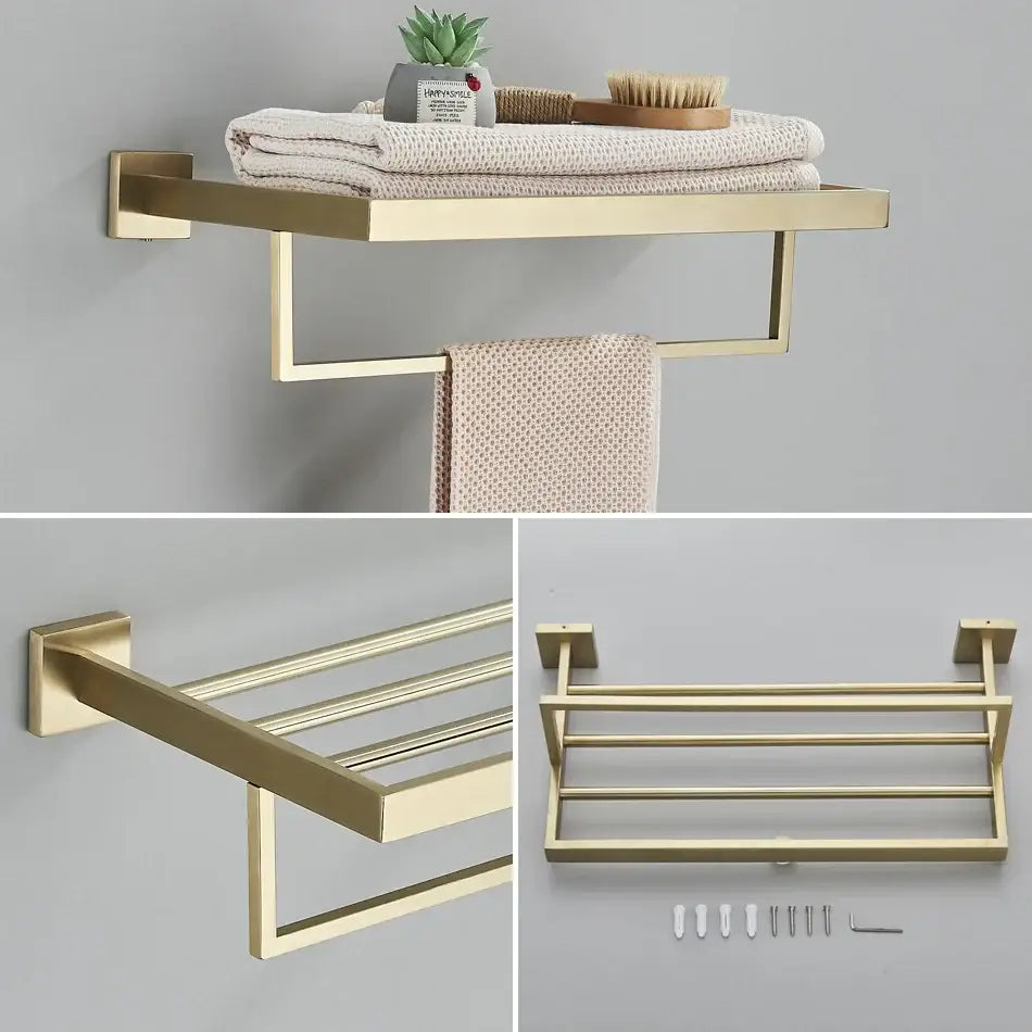 Brushed gold bathroom towel rack set with multi bar shelf and hooks