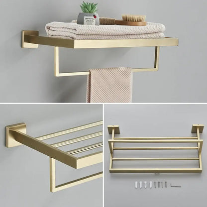 Brushed gold bathroom towel rack set with multi bar shelf and hooks
