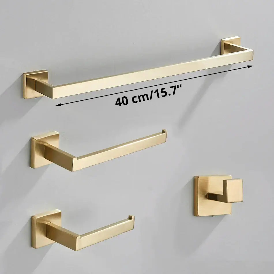 Brushed gold bathroom towel rack set with multi bar shelf and hooks