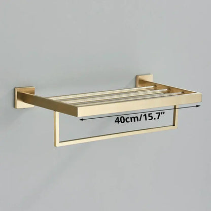 Brushed gold bathroom towel rack set with multi bar shelf and hooks